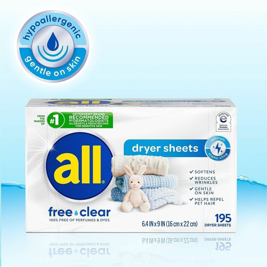 all Free clear Dryer Sheets, Unscented, White, 195 Sheets (DIA47362CT)