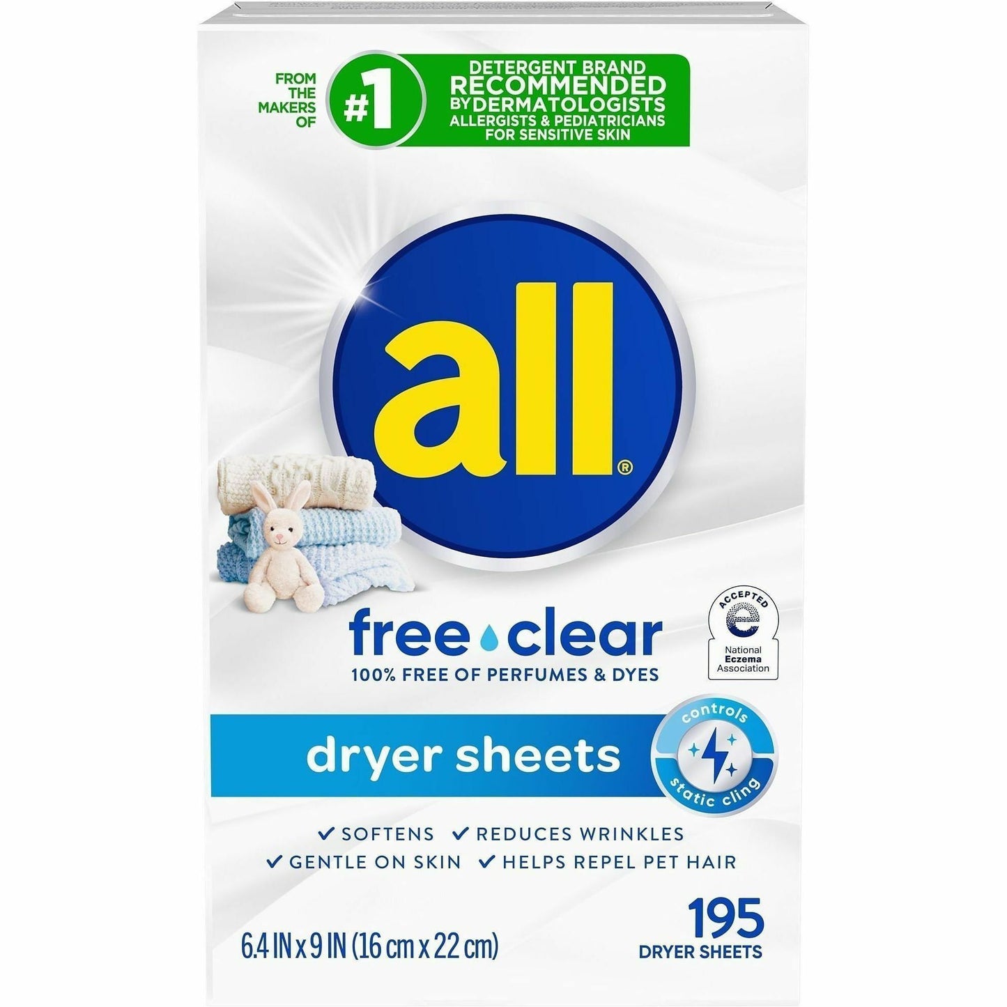 all Free clear Dryer Sheets, Unscented, White, 195 Sheets (DIA47362CT)