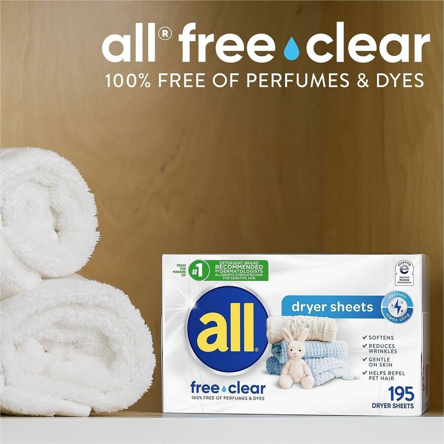 all Free clear Dryer Sheets, Unscented, White, 195 Sheets (DIA47362CT)