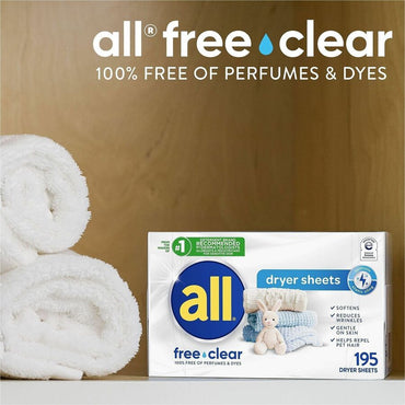 all Free clear Dryer Sheets, Unscented, White, 195 Sheets (DIA47362CT)