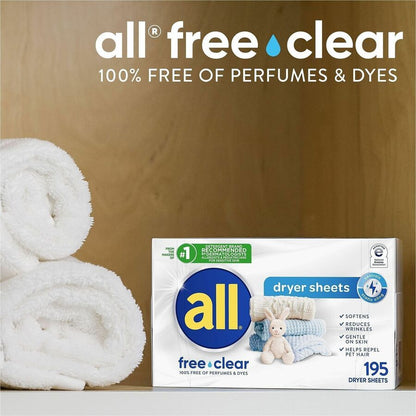 all Free clear Dryer Sheets, Unscented, White, 195 Sheets (DIA47362CT)