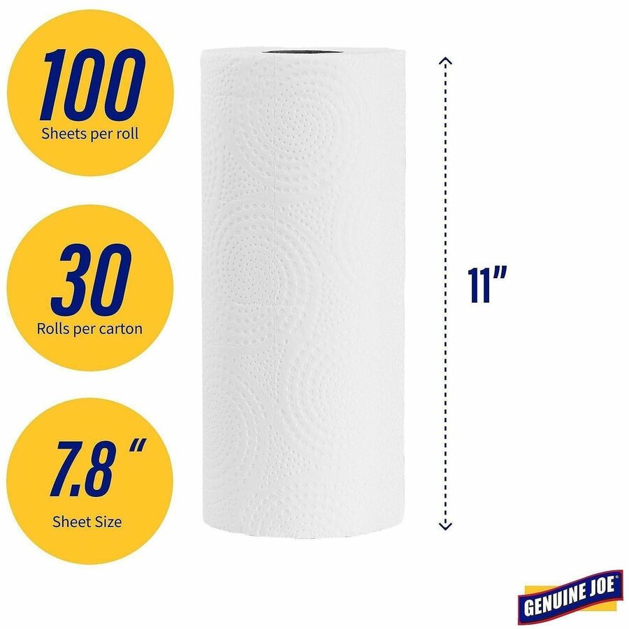 Genuine Joe Kitchen Roll Paper Towels, 2 Ply, 11" x 93.60", 100 Towels/Roll, 3 Rolls/Carton (GJO23085)