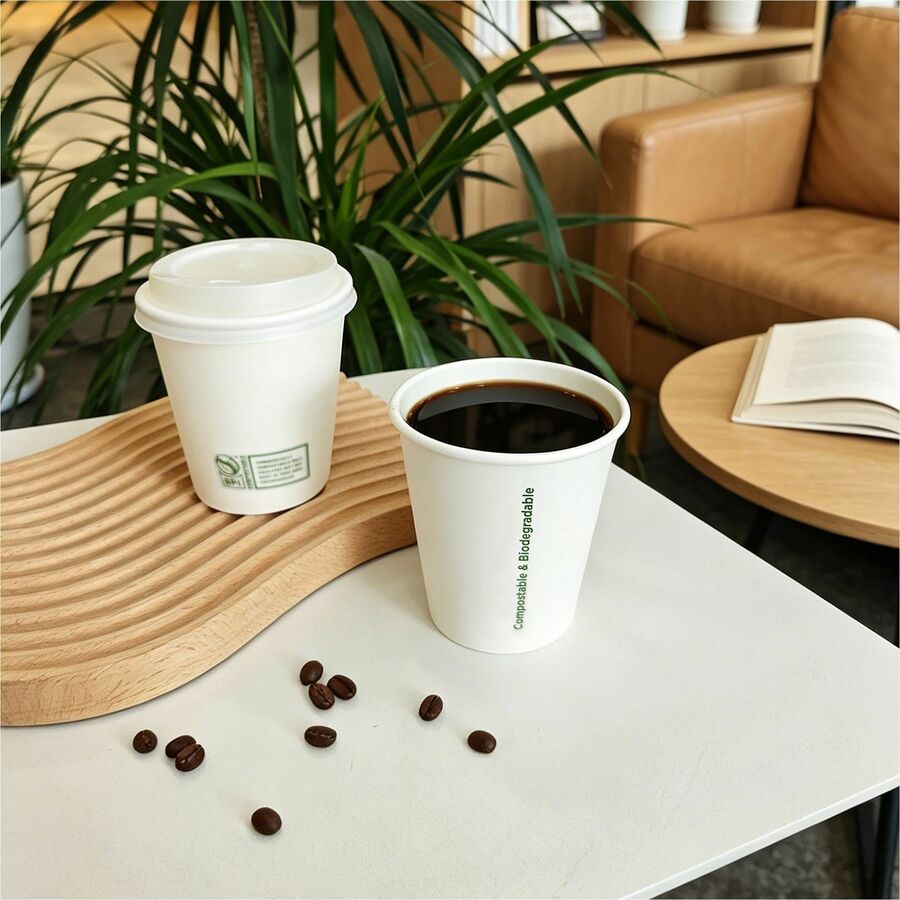 Genuine Joe BPI Certified Compostable Paper Cups, 10 fl oz, Leak Proof Closure, White, 1000/Carton (GJO02047)