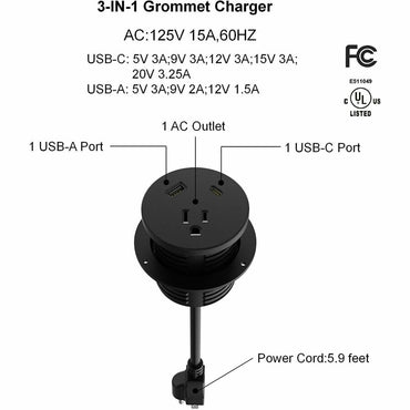 Lorell Power Grommet Insert, Black, 120 V AC/12 A Desktop (LLR34003)