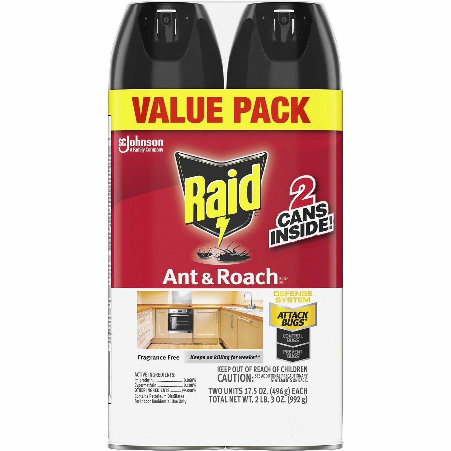 Raid Ant & Roach Killer Spray, 17.50 fl oz, Red, 2/Pack (SJN385310)