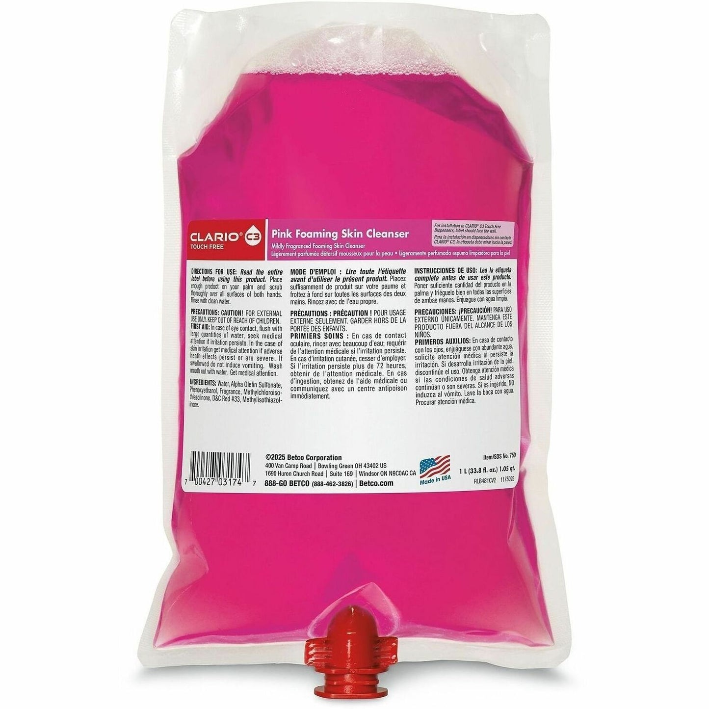 Betco Pink Foaming Skin Cleanser, Neutral Scent, 1.06 quart, Touchless Dispenser, 6/Carton (BET750H200)