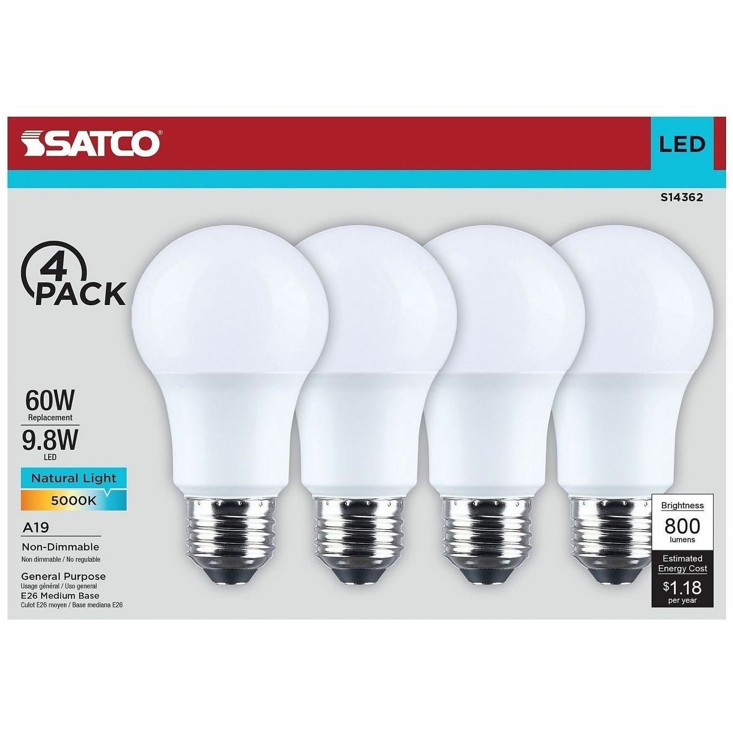 Satco 9.8W A19 LED Frosted Bulbs, 9.80 W, 60 W Incandescent Equivalent Wattage (SDNS14362)