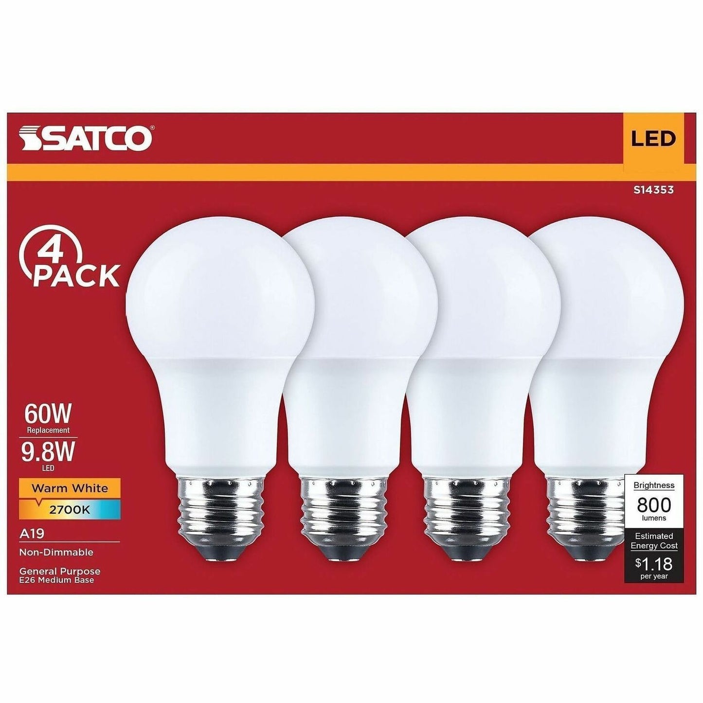 Satco 9.8W A19 LED Frosted Bulbs, 9.80 W, 60 W Incandescent Equivalent Wattage (SDNS14353)
