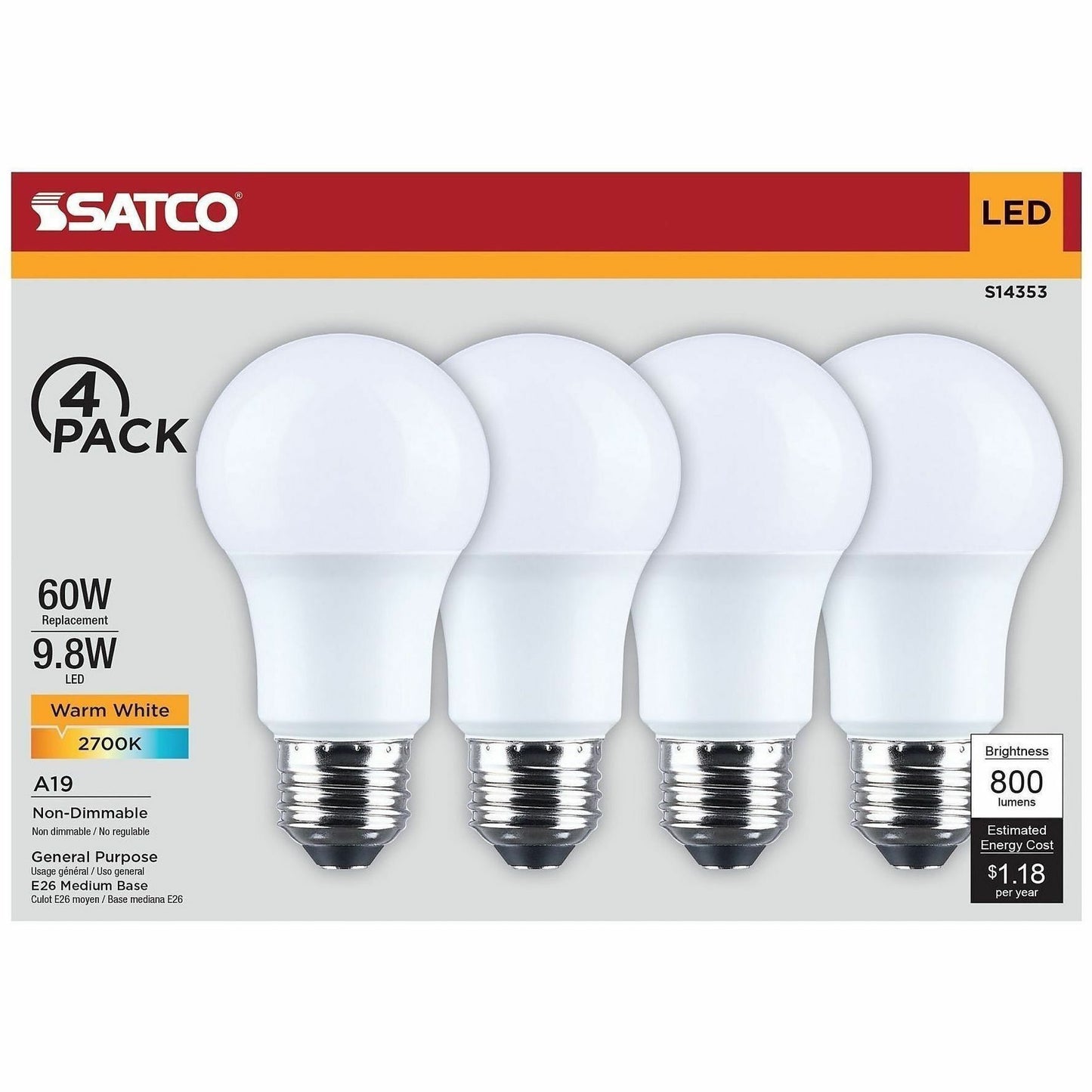 Satco 9.8W A19 LED Frosted Bulbs, 9.80 W, 60 W Incandescent Equivalent Wattage (SDNS14353)