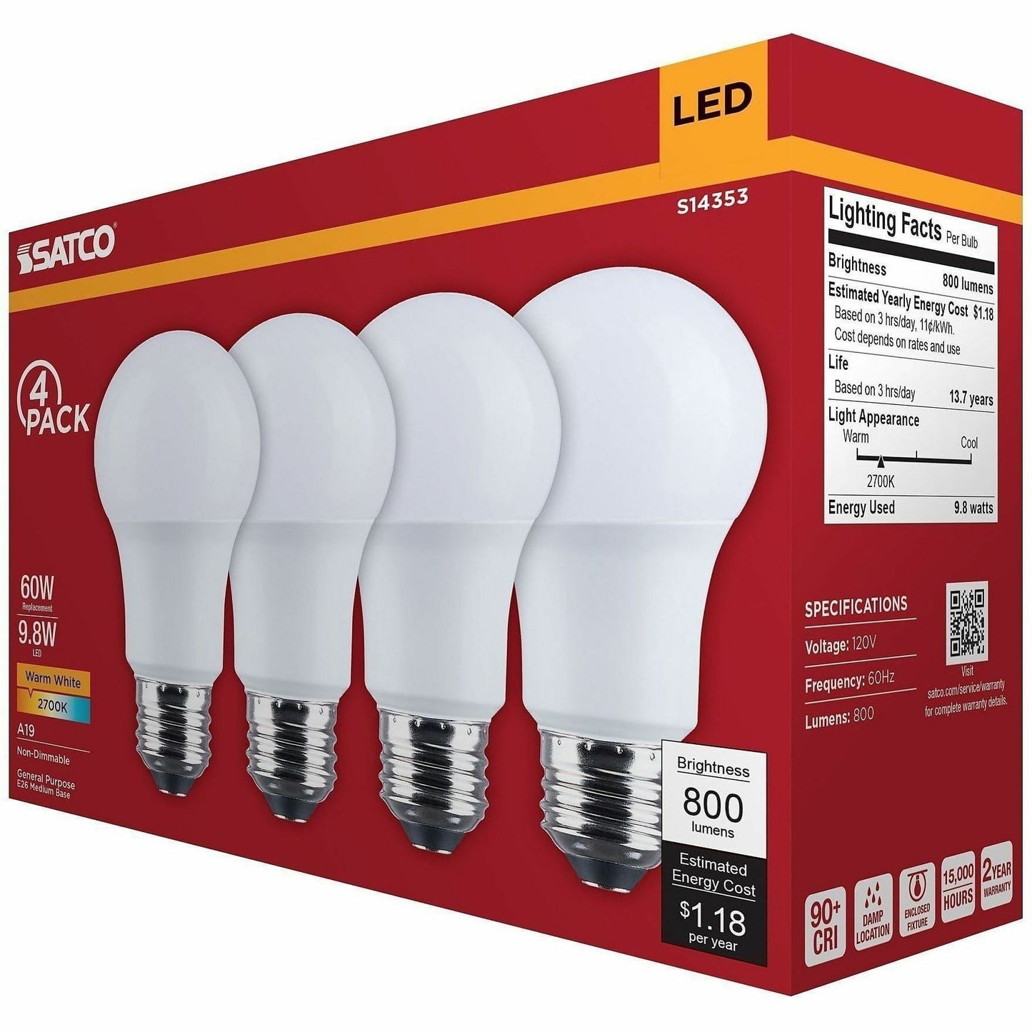 Satco 9.8W A19 LED Frosted Bulbs, 9.80 W, 60 W Incandescent Equivalent Wattage (SDNS14353)
