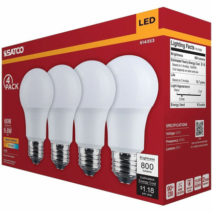 Satco 9.8W A19 LED Frosted Bulbs, 9.80 W, 60 W Incandescent Equivalent Wattage (SDNS14353)