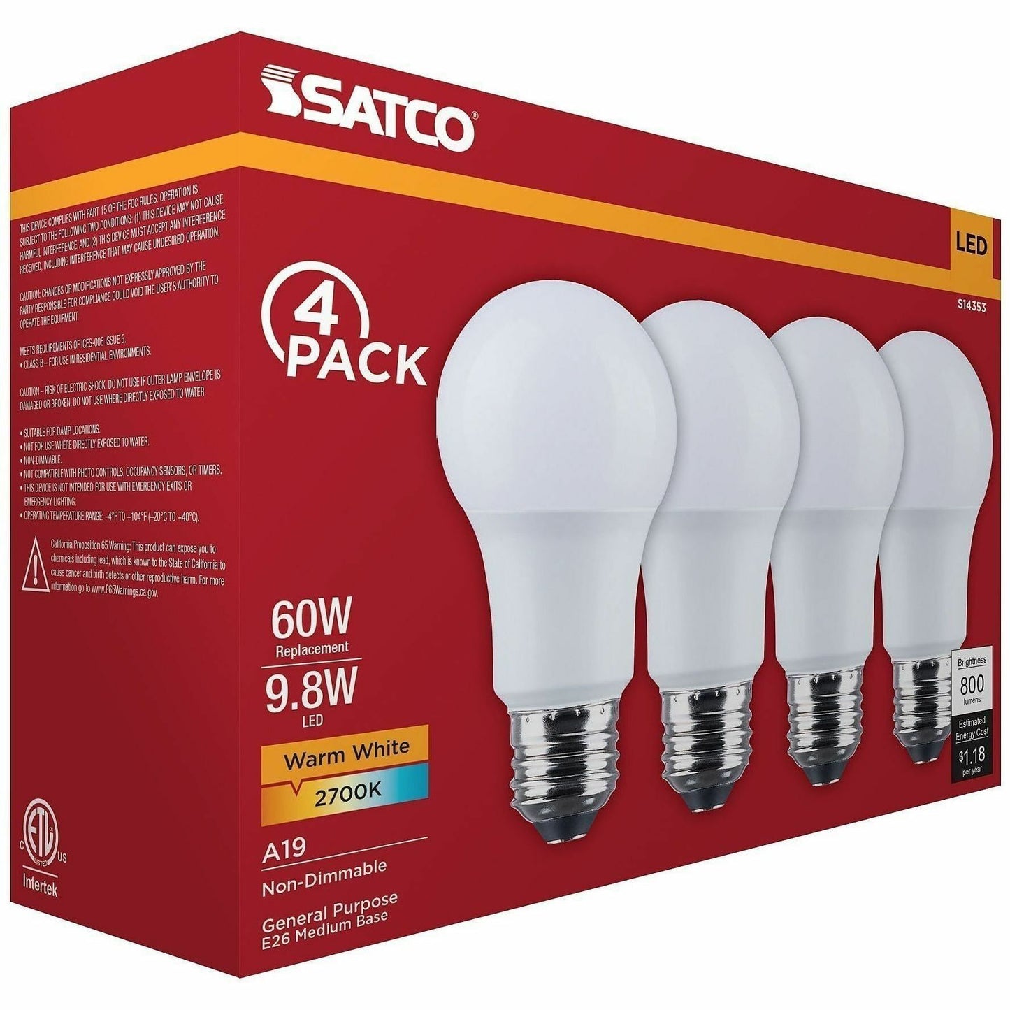 Satco 9.8W A19 LED Frosted Bulbs, 9.80 W, 60 W Incandescent Equivalent Wattage (SDNS14353)