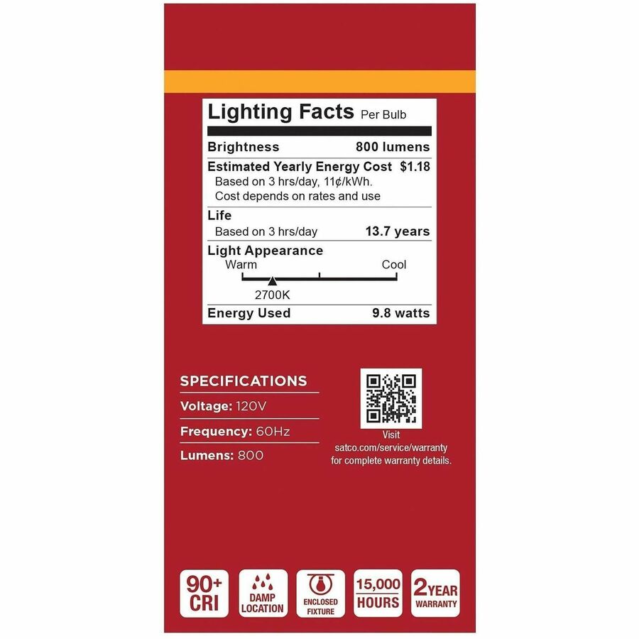 Satco 9.8W A19 LED Frosted Bulbs, 9.80 W, 60 W Incandescent Equivalent Wattage (SDNS14353)
