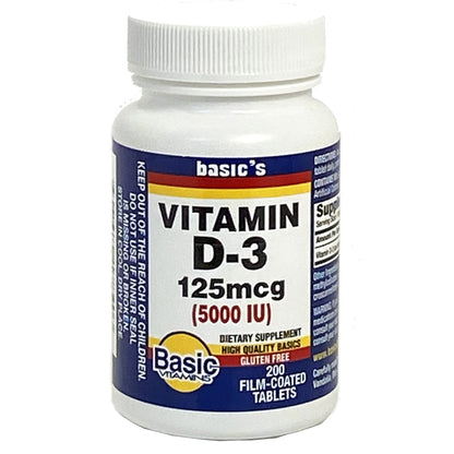 Basic Drug Vitamin Supplement Vitamin D3 5,000 IU Strength Tablet 200 per Bottle (999253_EA)
