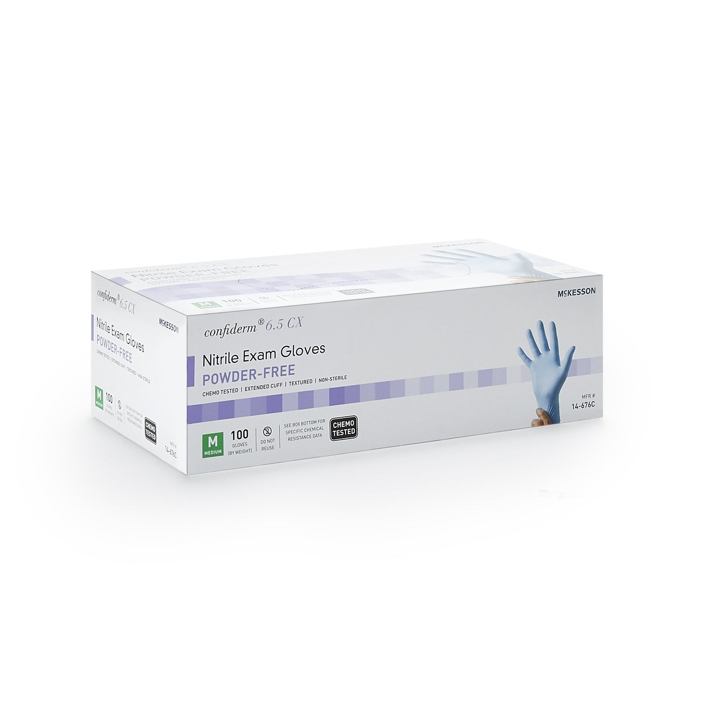 McKesson Confiderm® 6.5CX Exam Glove Medium NonSterile Nitrile Extended Cuff Length Textured Fingertips Blue Chemo Tested (921607_CS)