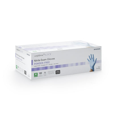 McKesson Confiderm® 6.5CX Exam Glove Medium NonSterile Nitrile Extended Cuff Length Textured Fingertips Blue Chemo Tested (921607_CS)