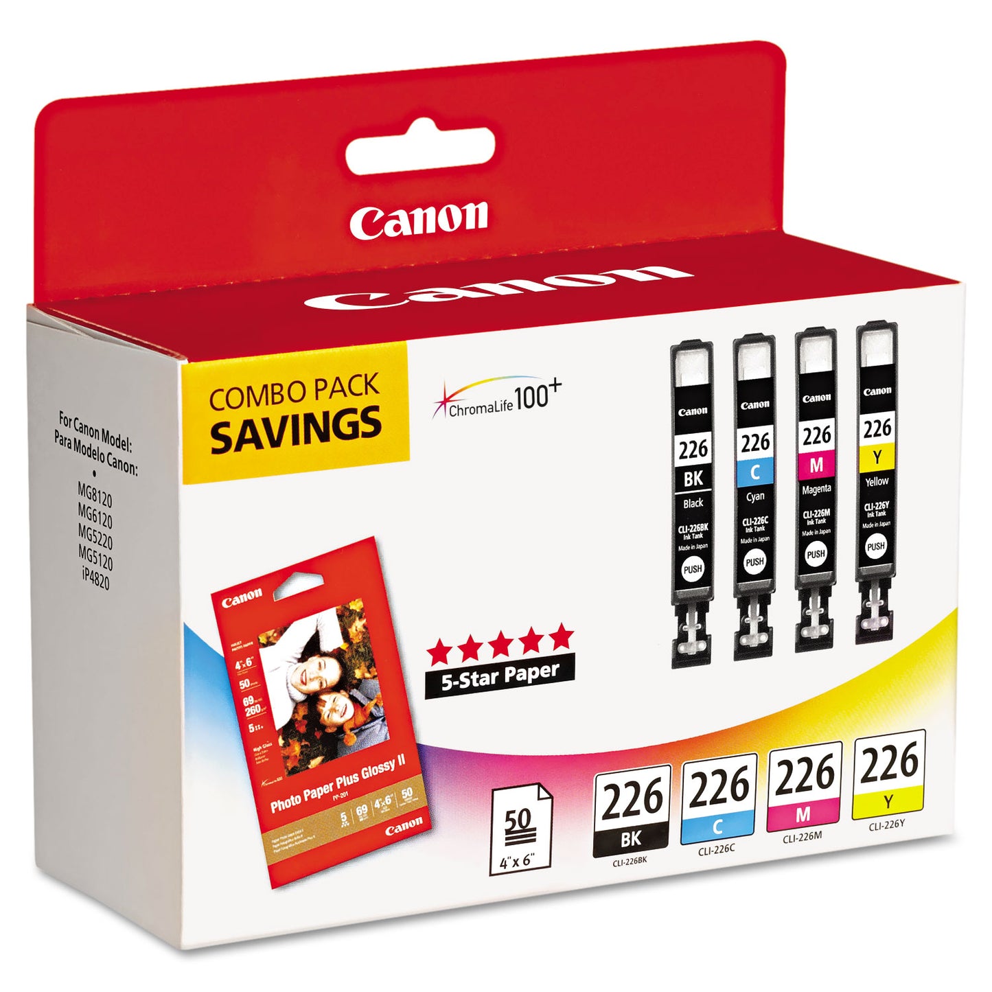 Canon® 4546B007 (CLI-226) ChromaLife100+ Ink/Paper Combo, Black/Cyan/Magenta/Yellow (CNM4546B007)