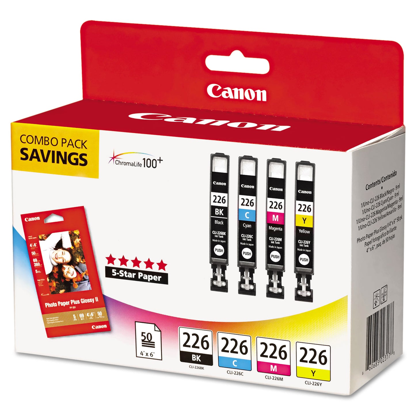 Canon® 4546B007 (CLI-226) ChromaLife100+ Ink/Paper Combo, Black/Cyan/Magenta/Yellow (CNM4546B007)