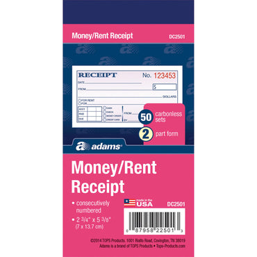 Adams Money/Rent Receipt Book, Two-Part Carbonless, 4.88 x 2.75, 50 Forms Total (ABFDC2501)