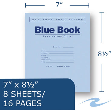 Roaring Spring Blue Book 8-sheet Exam Booklet, 8 Sheets, 16 Pages, 50/Pack (ROA77512)