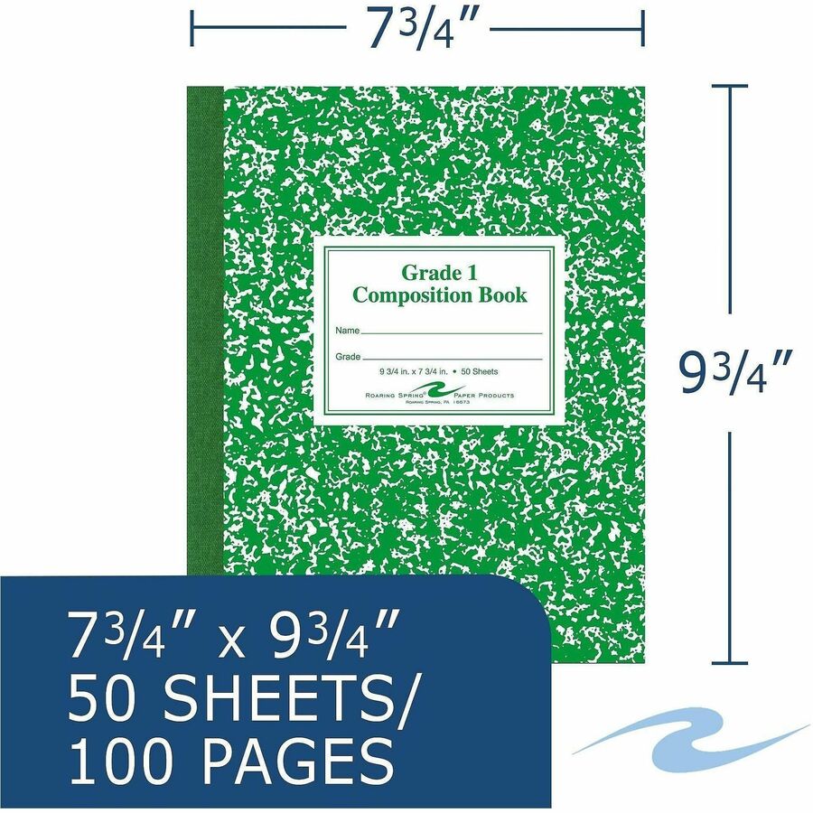 Roaring Spring Grade School Ruled Composition Book, Grade 1 Manuscript Format, Green Marble Cover, (50) 9.75 x 7.75 Sheets (ROA77920)