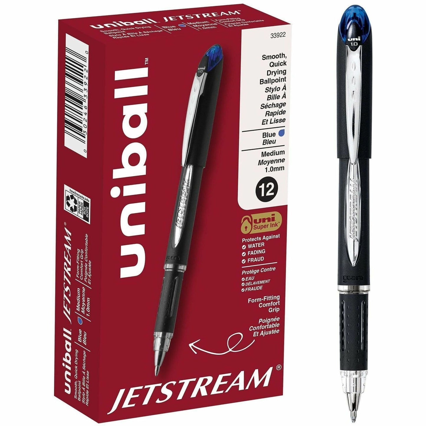 uniball Jetstream Ballpoint Pens, Blue Ink, Pigment-based, Black Stainless Steel Barrel, 12/Dozen (UBC33922DZ)