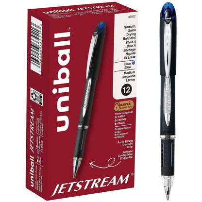 uniball Jetstream Ballpoint Pens, Blue Ink, Pigment-based, Black Stainless Steel Barrel, 12/Dozen (UBC33922DZ)