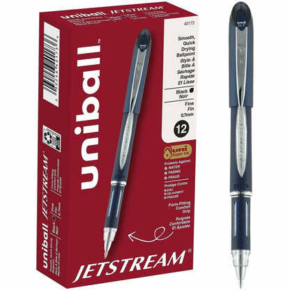 uniball Jetstream Ballpoint Pen, Black Ink, Pigment-based, Blue Stainless Steel Barrel, 12/Dozen (UBC40173DZ)