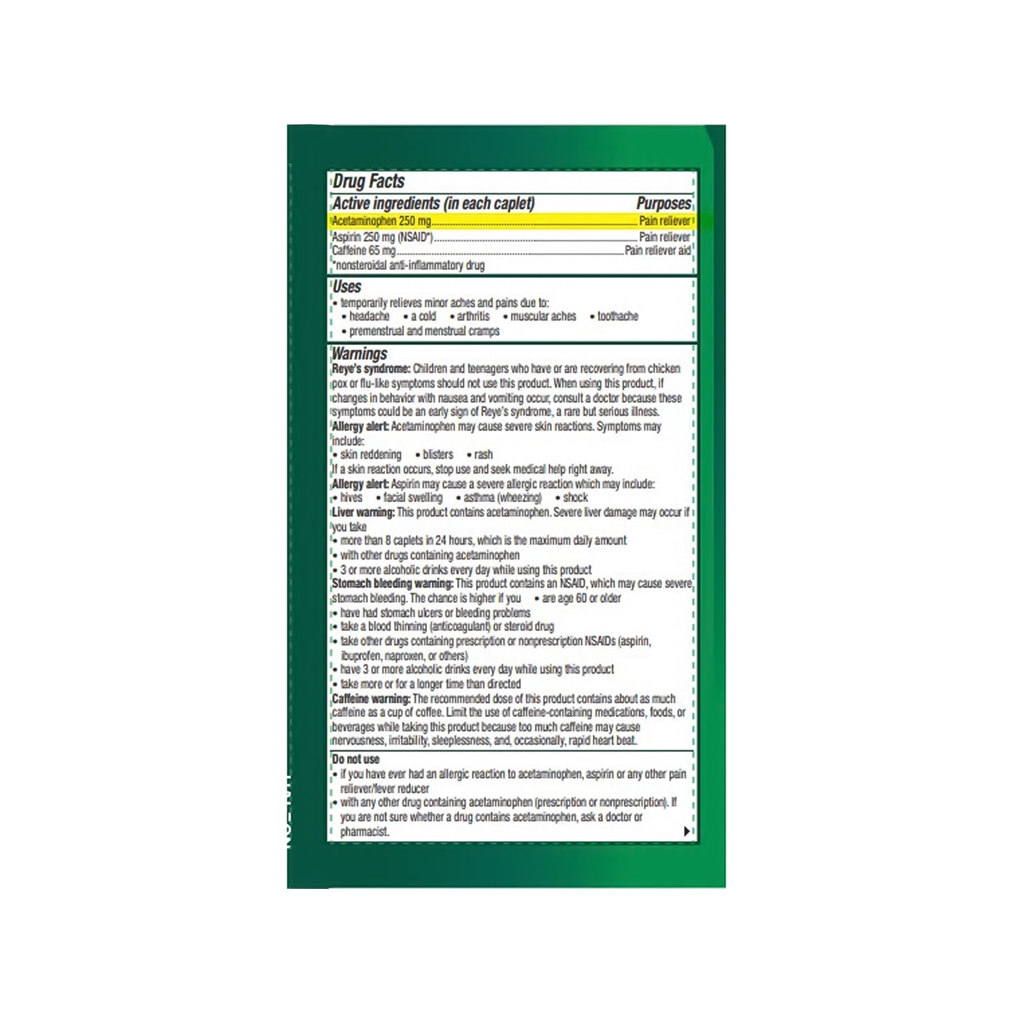 Excedrin® Extra Strength Pain Relief 250 mg - 250 mg - 65 mg Strength Acetaminophen / Aspirin / Caffeine Capsule 100 per Bottle (1261057_BT)