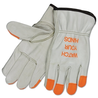 MCR Safety "Watch Your Hands" Drivers Gloves, 3213HVI, CV Grade Grain Cow, 2X-Large, Beige/Hi-Vis Orange (127-3213HVIXXL)