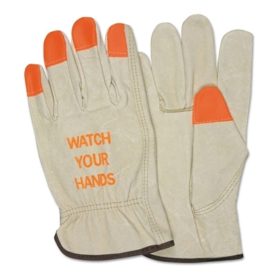 MCR Safety "Watch Your Hands" Drivers Gloves, 3413HVI, CV Grade Grain Pigskin, Medium, Shirred Elastic Back, Beige/Hi-Vis Orange (127-3413HVIM)