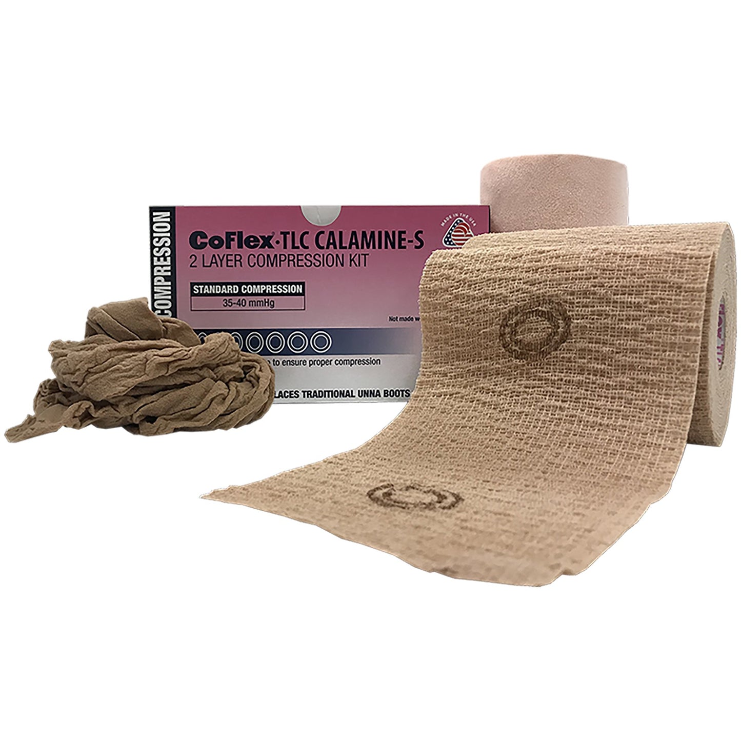 CoFlex® TLC Calamine with Indicators 2 Layer Compression Bandage System 4 Inch X 6 Yard / 4 Inch X 7 Yard Self-Adherent / Pull On Closure Tan NonSterile 35 to 40 mmHg (1087840_BX)