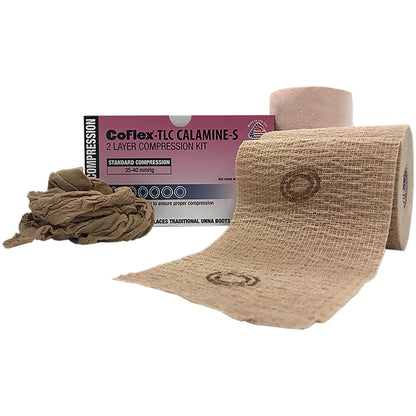 CoFlex® TLC Calamine with Indicators 2 Layer Compression Bandage System 4 Inch X 6 Yard / 4 Inch X 7 Yard Self-Adherent / Pull On Closure Tan NonSterile 35 to 40 mmHg (1087840_BX)