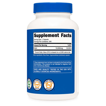 nutricost® Dietary Supplement Biotin 10 mg Strength Capsule 240 Per Bottle (1270255_BT)
