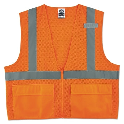 Ergodyne GloWear® Safety Vest, 8220Z, Mesh, Class 2, Type R, Reflective Strip, 3 Pockets, Zipper, Small/Medium, Orange (150-21113)