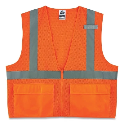Ergodyne GloWear® Safety Vest, 8220Z, Mesh, Class 2, Type R, Reflective Strip, 3 Pockets, Zipper, Large/X-Large, Orange (150-21115)
