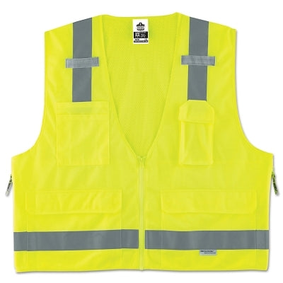 Ergodyne GloWear® Safety Vest, 8250Z, Surveyors, Class 2, Type R, 7 Pockets, Reflective Tape, 2 Radio Mic Tabs, Zipper, S/M, Lime (150-21423)