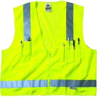 Ergodyne GloWear® Safety Vest, 8250Z, Surveyors, Class 2, Type R, 7 Pockets, Reflective Tape, 2 Radio Mic Tabs, Zipper, L/X-L, Lime (150-21425)