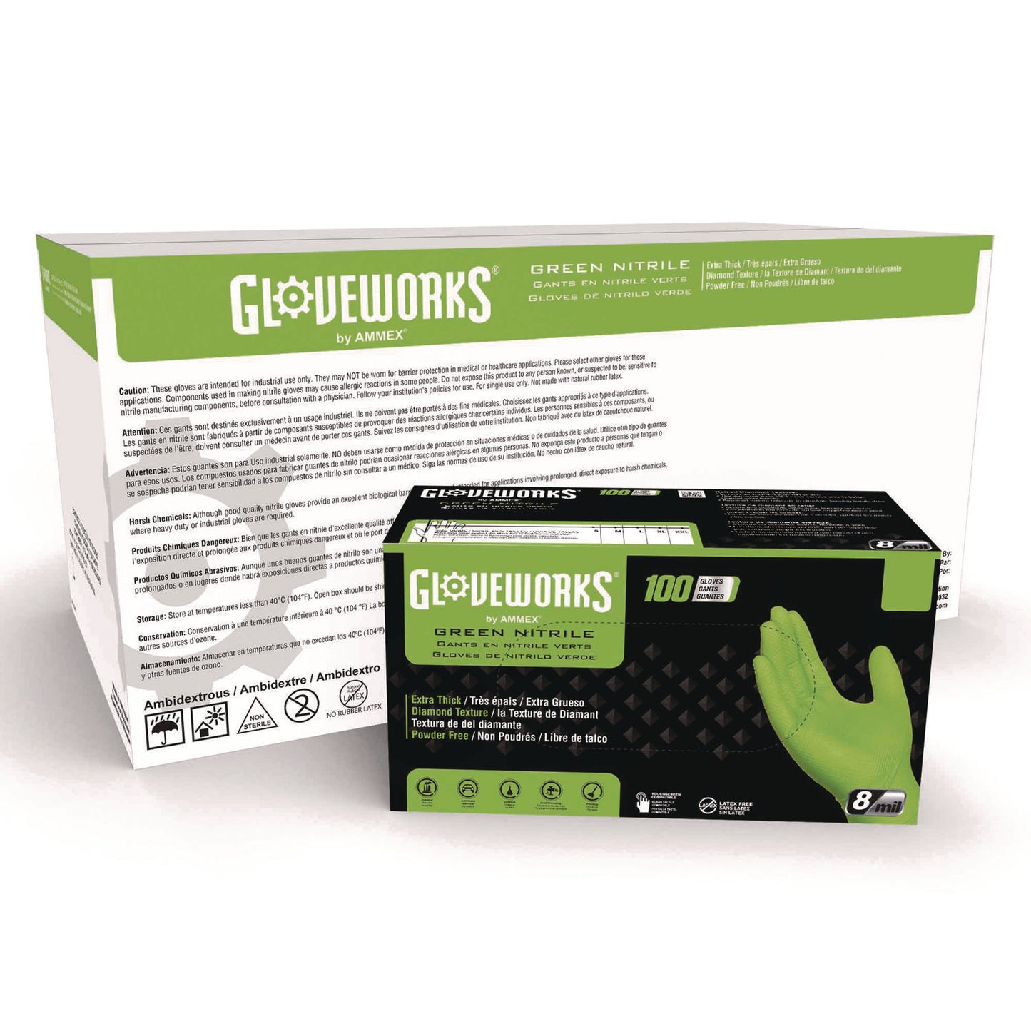 GloveWorks® by AMMEX® Heavy-Duty Industrial Nitrile Gloves, Powder-Free, Medium, 8 mil Thick, 9.5" Long, Green, 100/Box, 10 Boxes/Carton (AXCGWGN44100CT)