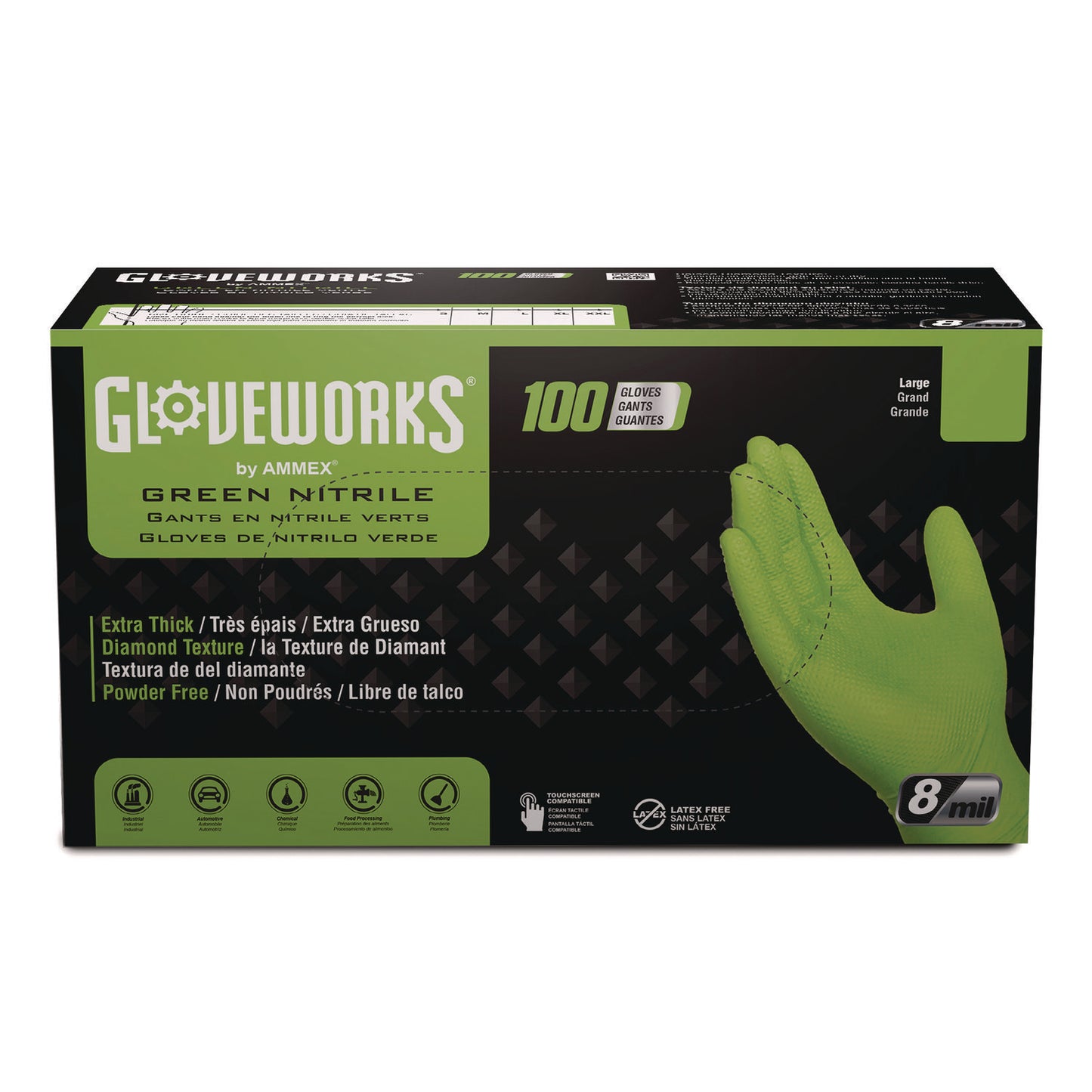 GloveWorks® by AMMEX® Heavy-Duty Industrial Nitrile Gloves, Powder-Free, Medium, 8 mil Thick, 9.5" Long, Green, 100/Box, 10 Boxes/Carton (AXCGWGN44100CT)