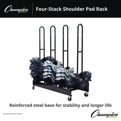 Champion Sports Mobile Four-Stack Shoulder Pad Rack, Metal, 176 lb Capacity, 24" x 59" x 68", Black (CSIFBSPR4)