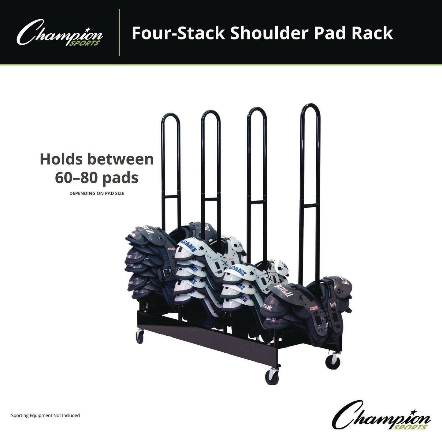 Champion Sports Mobile Four-Stack Shoulder Pad Rack, Metal, 176 lb Capacity, 24" x 59" x 68", Black (CSIFBSPR4)
