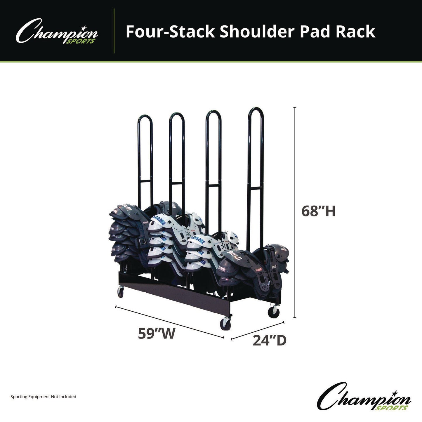 Champion Sports Mobile Four-Stack Shoulder Pad Rack, Metal, 176 lb Capacity, 24" x 59" x 68", Black (CSIFBSPR4)