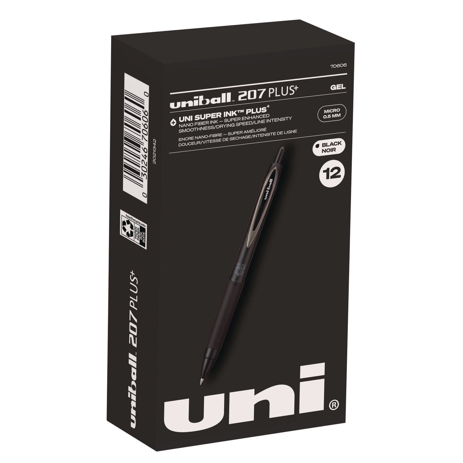 uniball-207-plus-gel-pen-retractable-micro-0-5-mm-black-ink-black-barrel-dozen-ubc70606_1