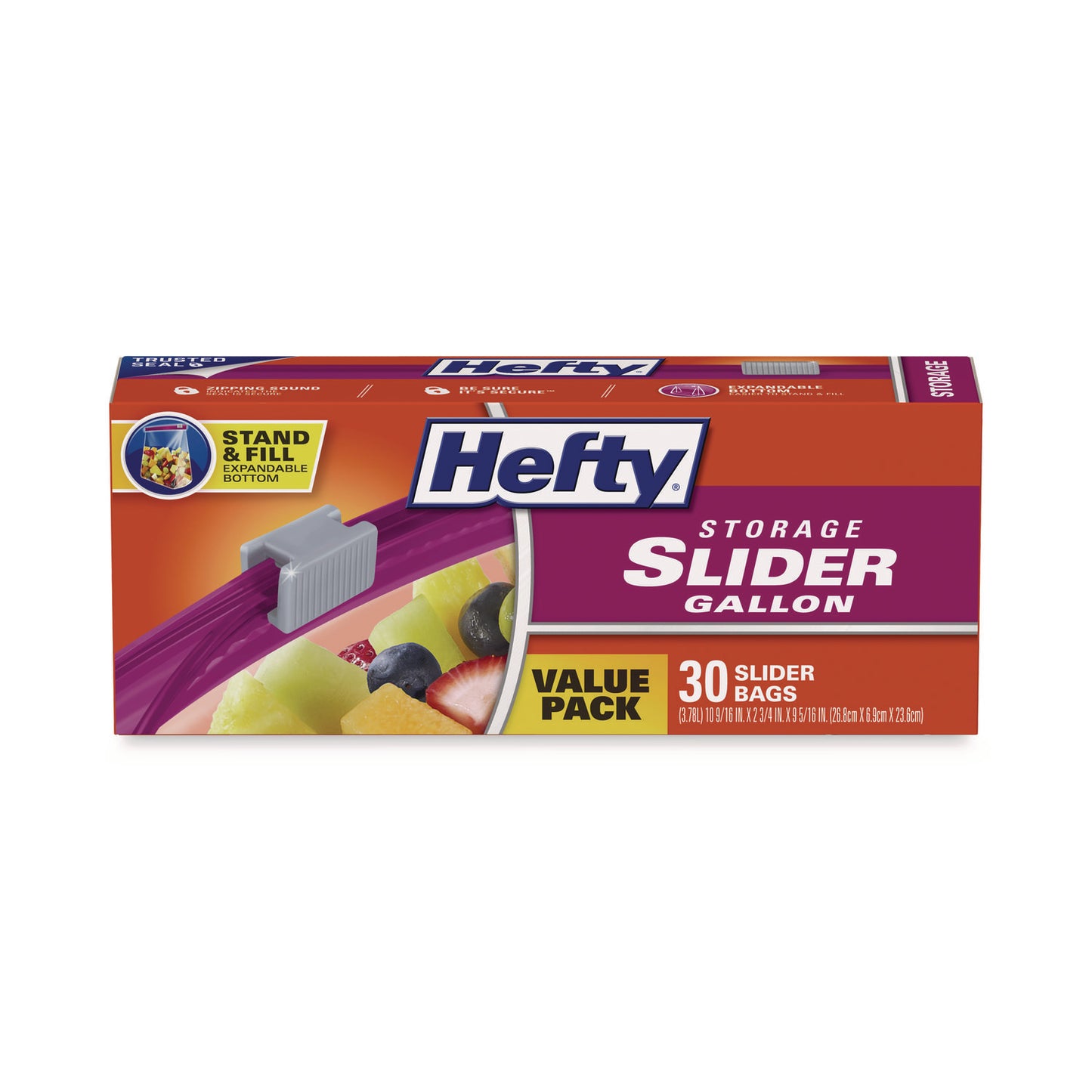 Hefty® Slider Stand and Fill Food Storage Bags, Gallon, 10.56" x 11", Clear, 30 Bags/Box, 9 Boxes/Carton (RFPR88071CT)