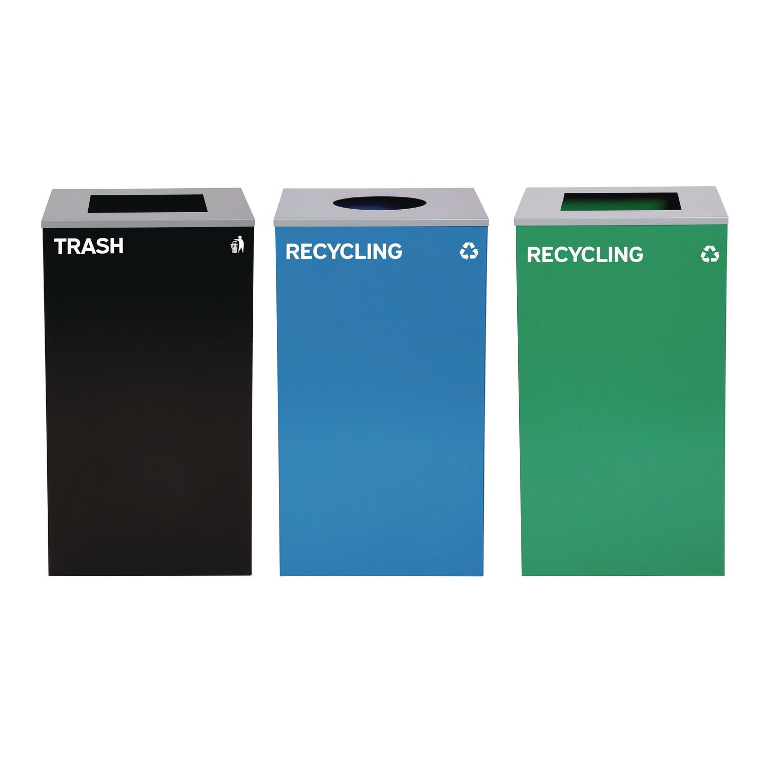 alpine-industries-29-gallon-trash-recycling-cans-steel-blue-recycling-can-w-circle-lid-green-recycling-can-and-black-trash-can-w-square-lids-alh4450blkkit35_1