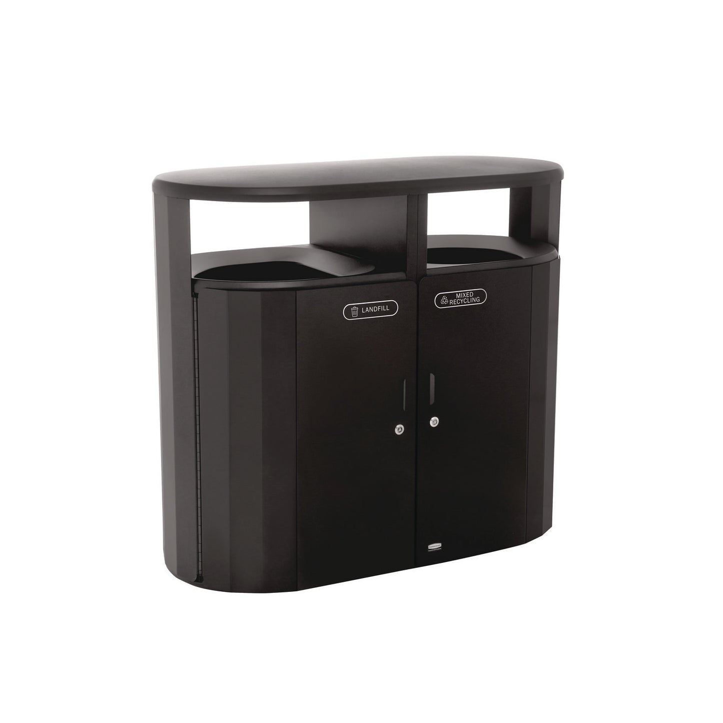 Rubbermaid® Commercial RESIST Dual Stream Waste and Recycling Container, 66 gal, Metal, Textured Black/Black Gloss (RCP2185042)