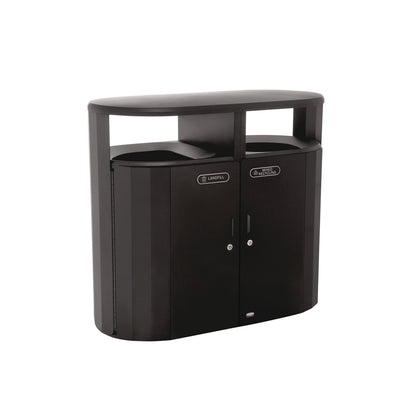 Rubbermaid® Commercial RESIST Dual Stream Waste and Recycling Container, 66 gal, Metal, Textured Black/Black Gloss (RCP2185042)