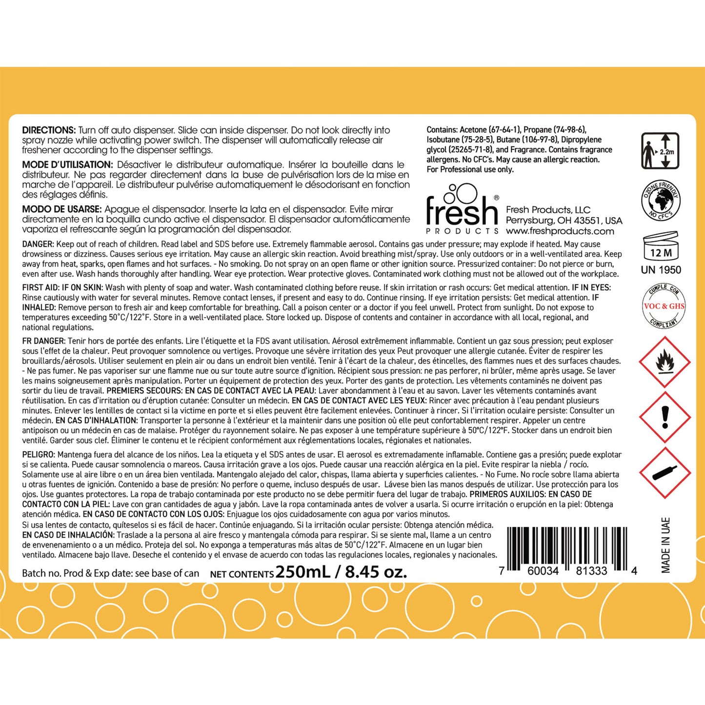 Fresh Products Fusion Metered Aerosols, Citrus Sorbet, 8.45 oz, 12/Carton (FRSMA12CS)