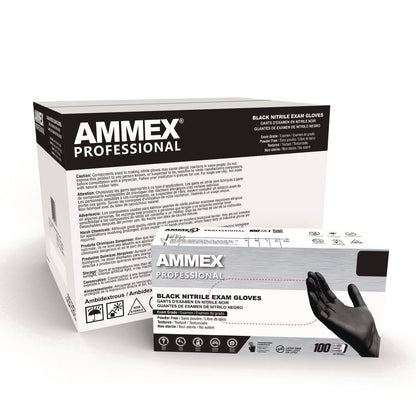 AMMEX® Professional Nitrile Exam Gloves, Powder-Free, X-Large, 3 mil Thick, 9.5" Long, Black, 100/Box, 10 Boxes/Carton (AXCABNPF48100CT)